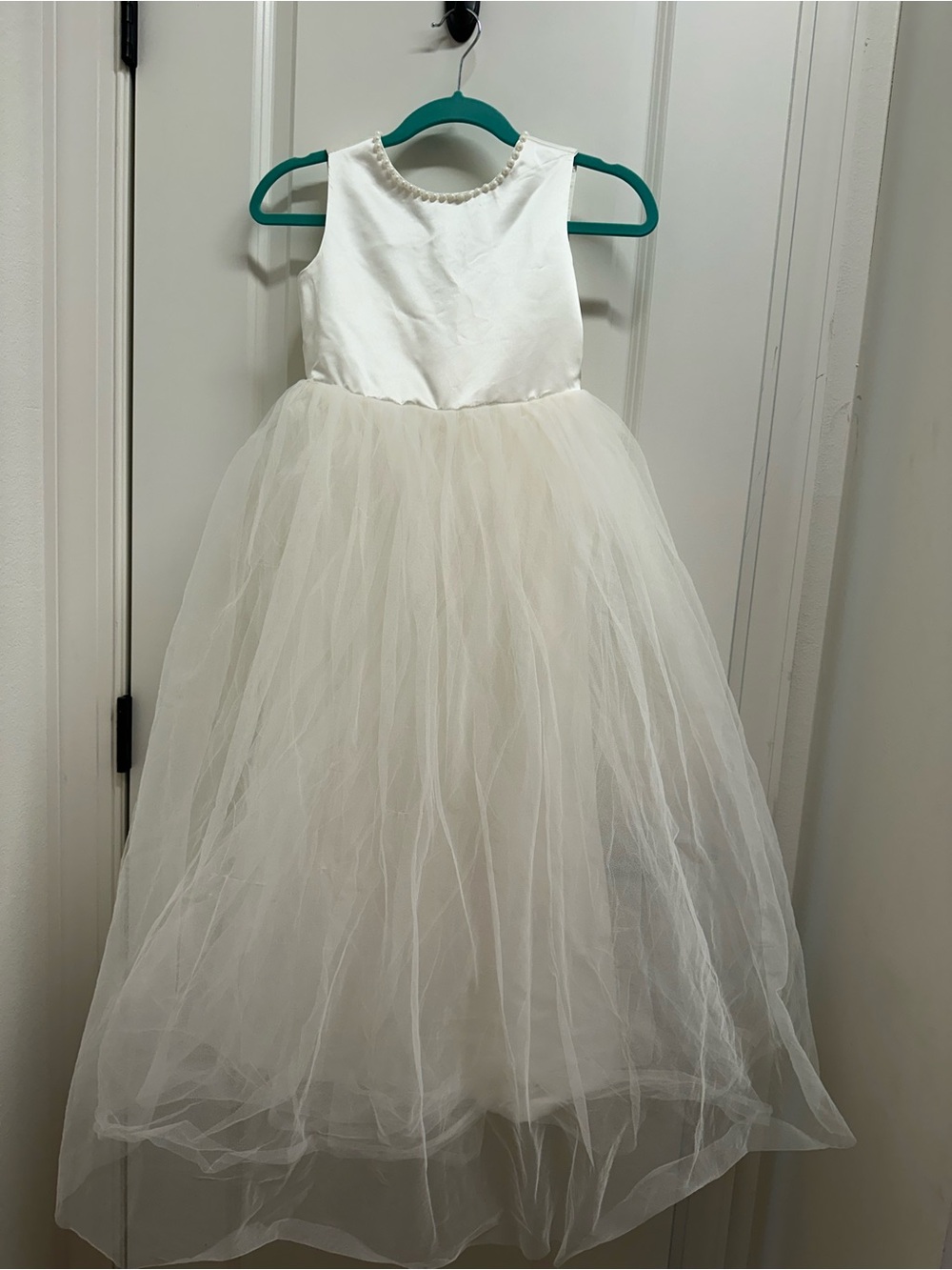 Girls Ivory Tulle Party Dress with Pearl Neckline